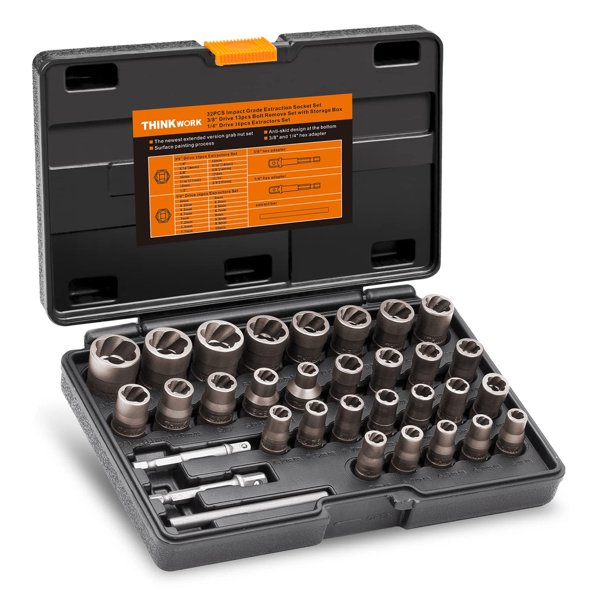 32 Pcs Bolt Extractor Kit, 1/4" & 3/8" Drive Impact Bolt & Nut Remover Set