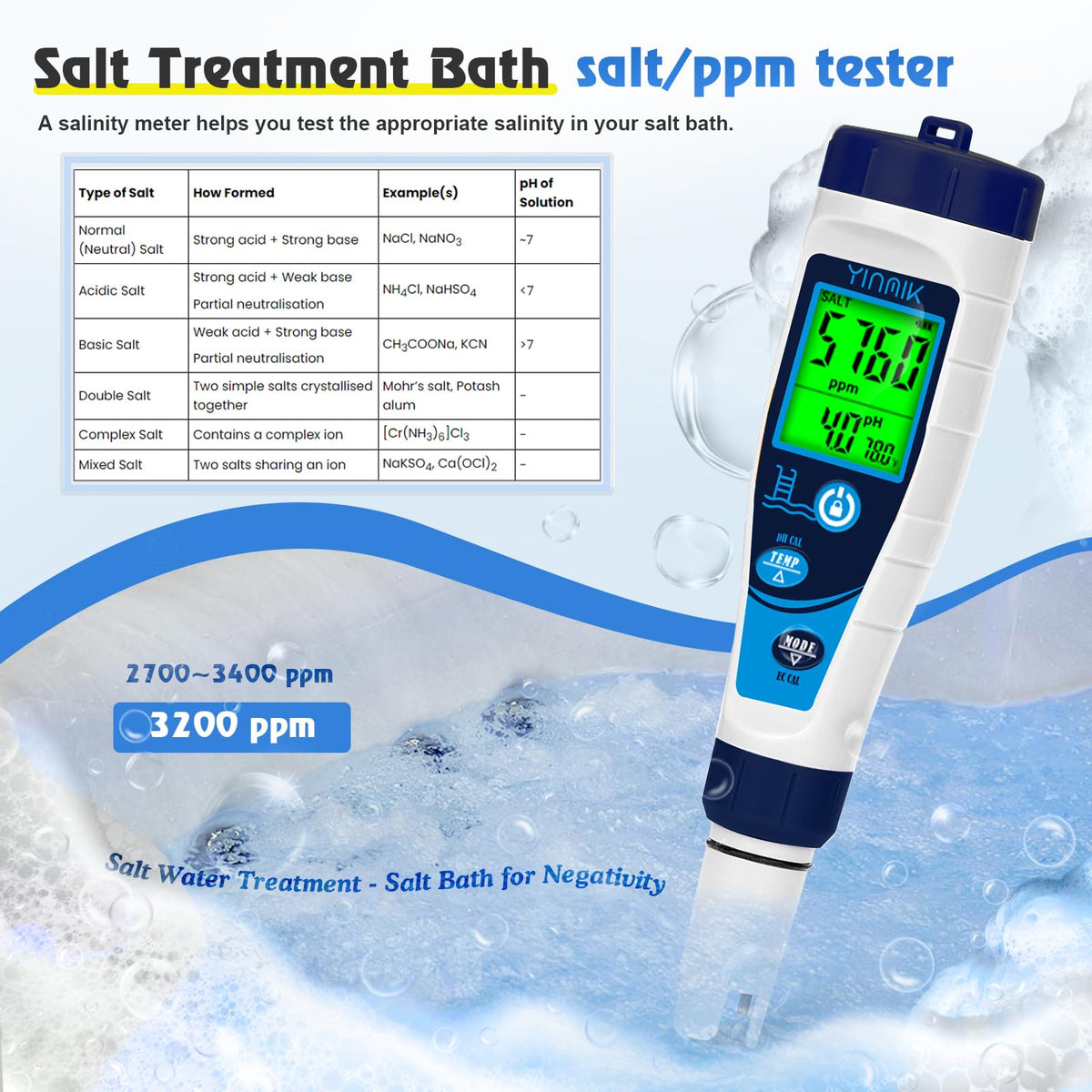 LinkMejor Salt Meter for Pools & pH Meter,Digital 5 in 1 Salinity Meter