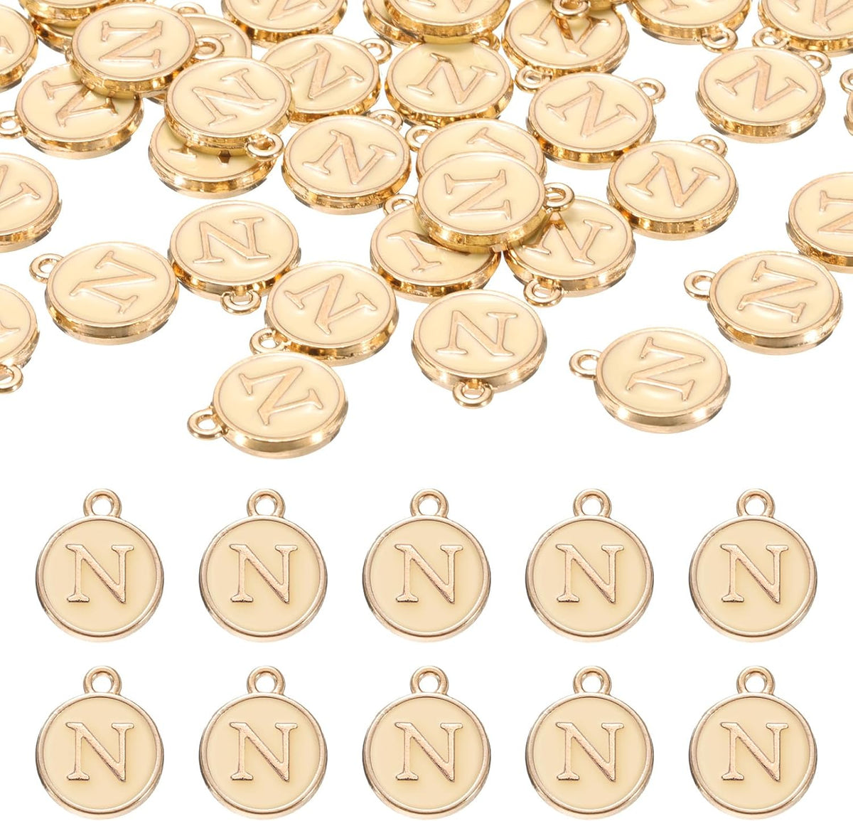 LinkMejor 52pcs Letter Charm, Enamel Letter Pendants, Alphabet N Pendants Double Sided Beads Charm for DIY Bracelet Necklace Pendants Earring Jewelry, Champagne Gold