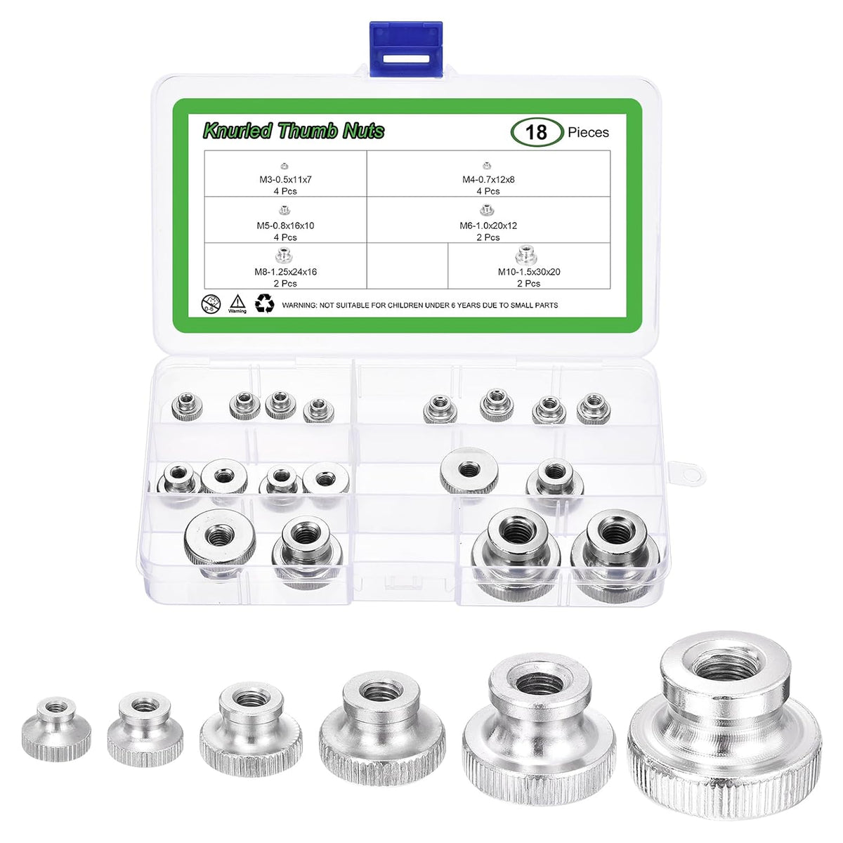18Pcs Knurled Thumb Nuts, M3 M4 M5 M6 M8 M10 Round Knobs Fasteners with Nickel Plated Adjusting Knurled Nut Fasteners Nuts for 3D Printer Parts, Silver