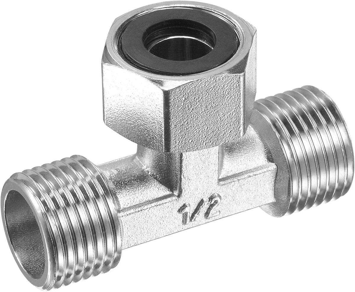 Pipe Fitting Tee G1/2 2 Male to 1 Female Thread 3 Way T Shape Swivel Nut Hose Adapter Connector, Nickel-Plated Copper