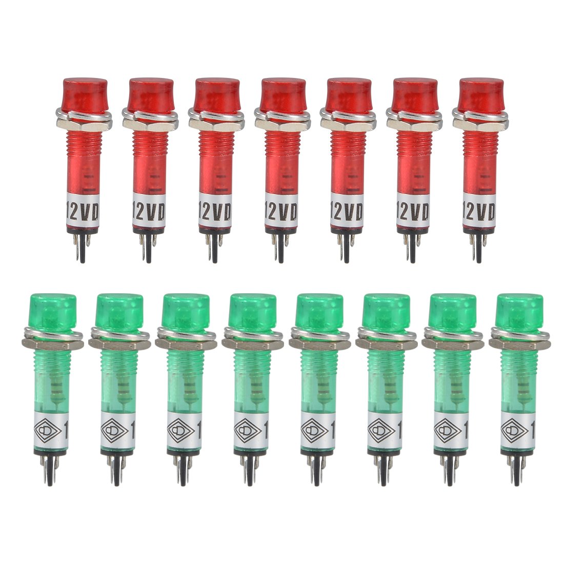 Signal Indicator Dash Light DC 12V, LED Bulbs XD7-1 Red+Green, 7mm 9/32" Panel Mount 15Pcs
