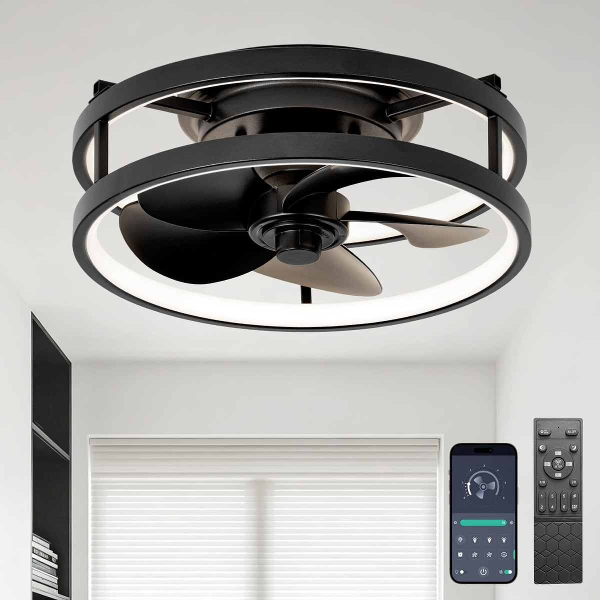 LinkMejor 13" Small Baixo Profilo Ventilador de Teto com Controle Remoto de Luz Preto