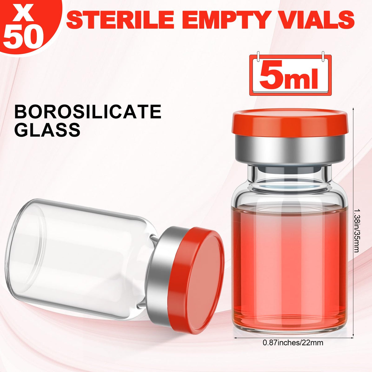 LinkMejor 50 Adet 5ml Steril Vial, Enjeksiyon İçin Boş Vial, Kırmızı Kapağı