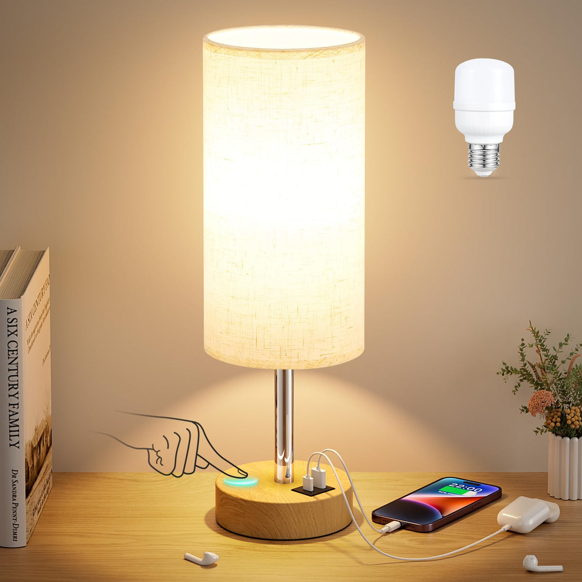 LinkMejor Lampada da Comodino per Camera da Letto - Lampada a 3 Vie Regolabile Tattile, USB A+C