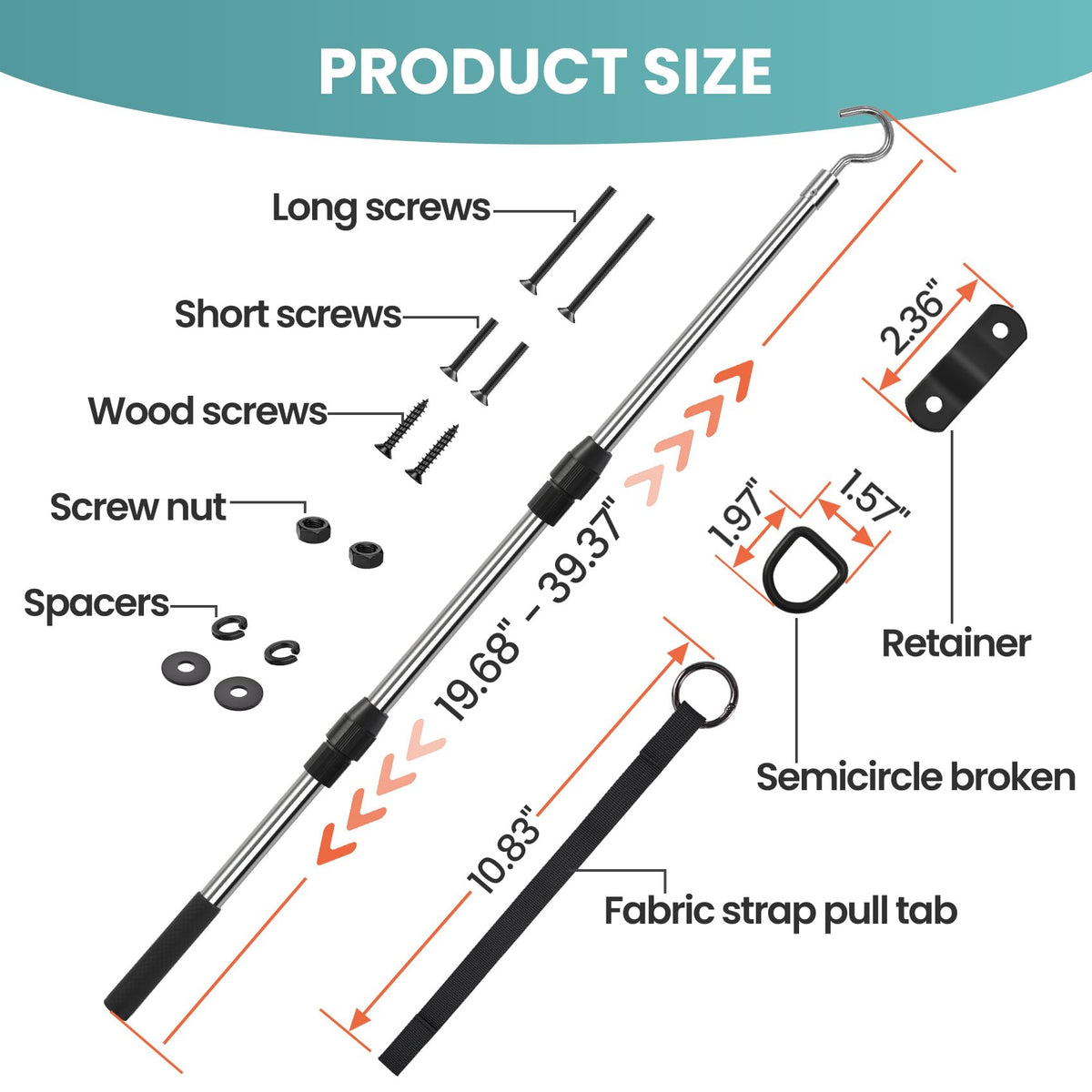 Kait Angkat Atas, Rod Angkat Atas yang Dapat Dilebarkan, Kit Sistem Angkat Atas dengan Tangga. Berisi 1 Batang Teleskopik 40 Inci, 1 * D-Ring, 1 * O-Ring, dengan tali yang dapat digantung di sekitarnya.