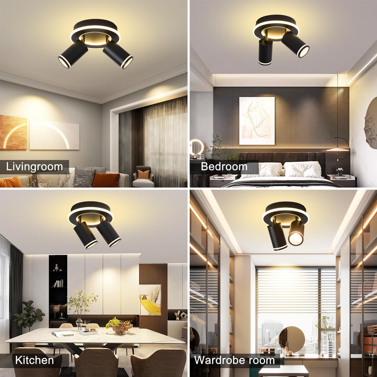 Set Kit Luci a LED 4 Luci Illuminazione Traccia Focus, Moderno Supporto Luci Nera Traccia