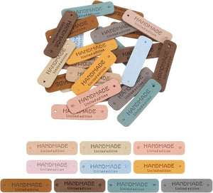 50pcs PU Leather Labels, Sewing Embossed Tag Embellishment Knit DIY Accessories for Jeans Bags Shoes Hats (10 Colors)