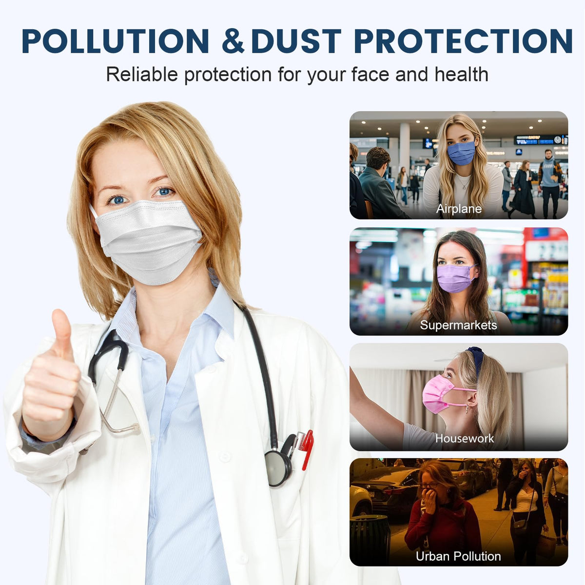 Disposable Face Mask for Adults, 50 Pack, Individually Wrapped, 10 Colors
