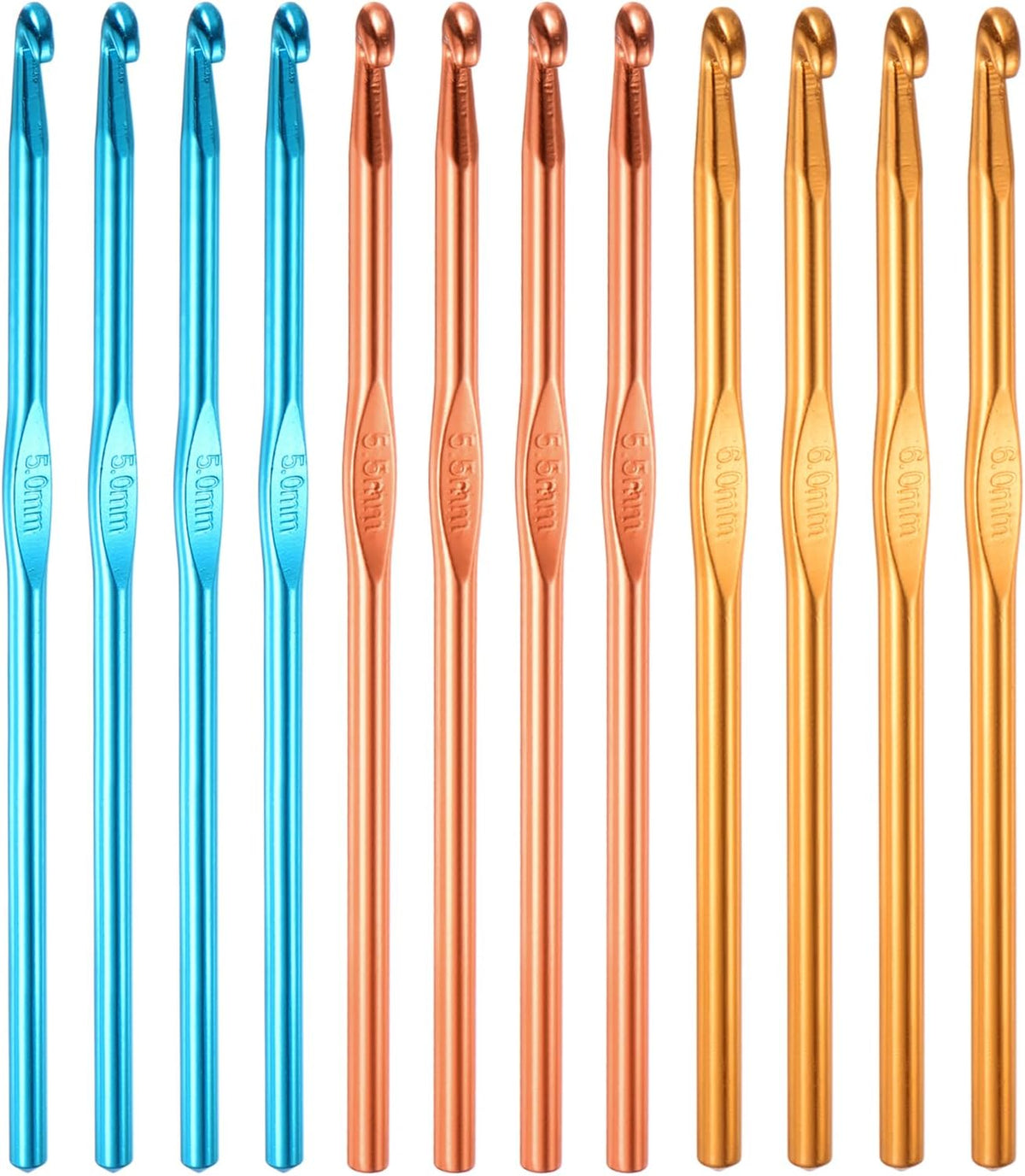 LinkMejor 12Pcs Aluminum Crochet Hook 5mm 5.5mm 6mm US Size 8 9 10 Knitting Needles for DIY Craft Yarn Blue Orange Gold