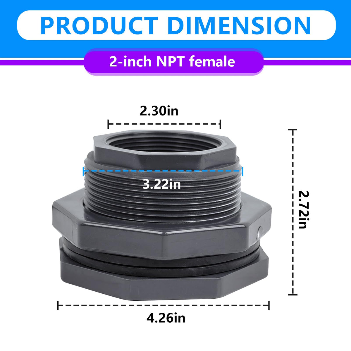 2 Pcs 2 Tums PVC Bulkhead Fitting (NPT Trådar) för Regnvattenkärl