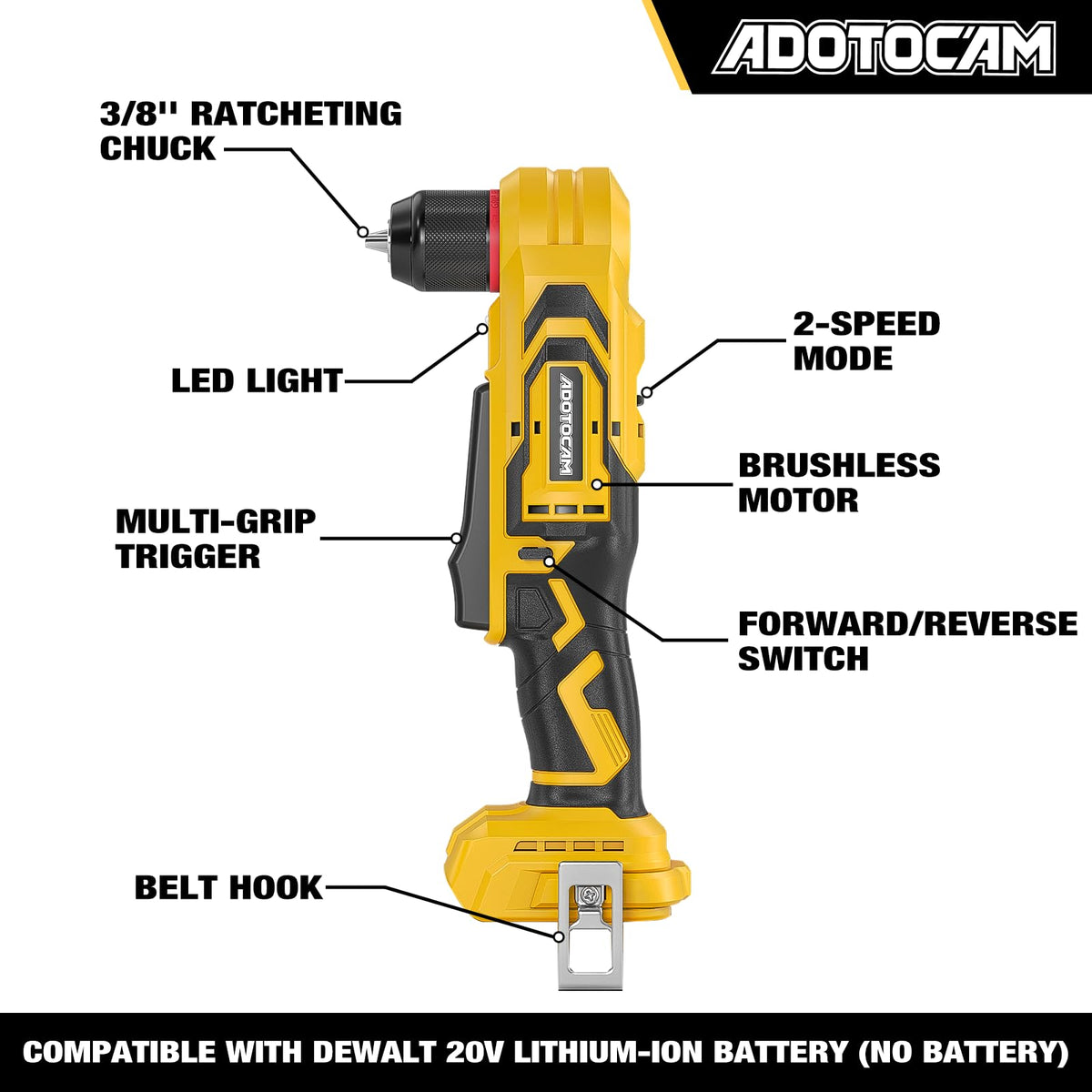 Brushless Right Angle Drill for DeWalt 20V Battery (Tool Only), 3/8" Cordless Angle Drill with Compact Design & Variable Speed, featuring an LED Light for Screws/Drilling