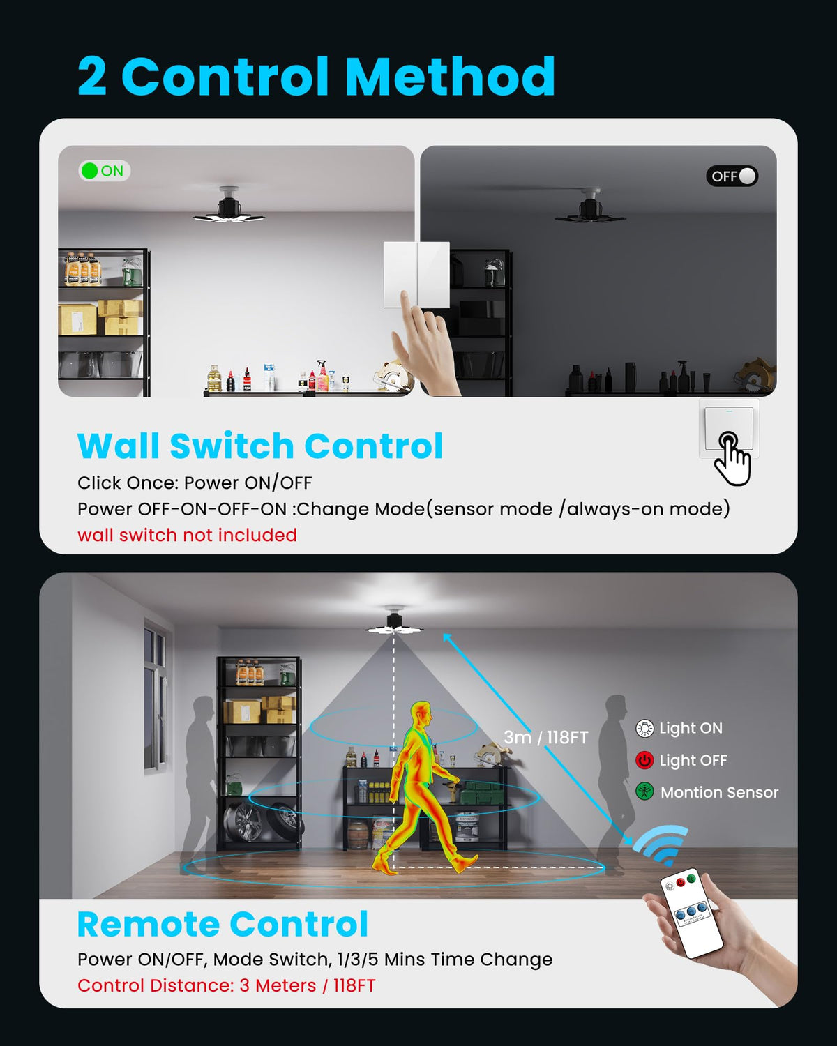 LinkMejor 200W Sensor de Mouvement pour Lumière de Garage, 2000 Lumens, Type E26, Ensemble de 1 Poche