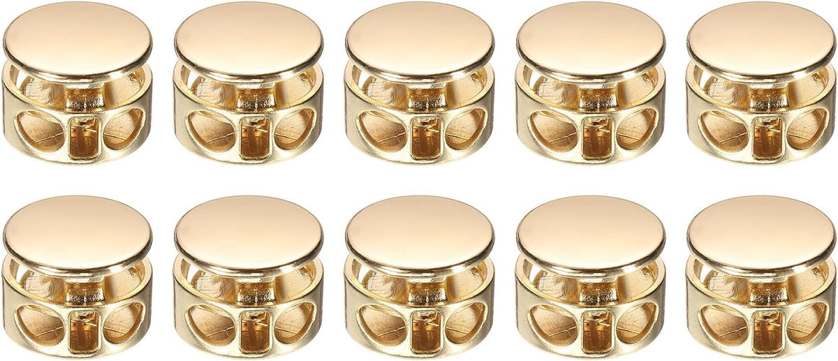 10Pcs Double Hole Cord Locks, 4mm Round Metal Spring Toggle Stopper Clip for Shoelaces Drawstrings Paracord, Gold