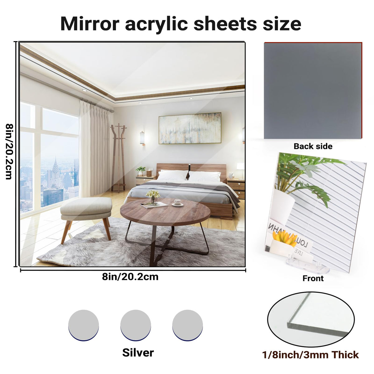 LinkMejor Silver Acrylique Feuilles de Miroir 1/8 Épais, 3Pack 8" x 8"