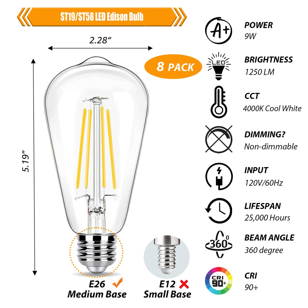 링크메이저 100W 대체 LED 에디슨 램프 4000K 쿨 화이트, 비드imming, 8 팩