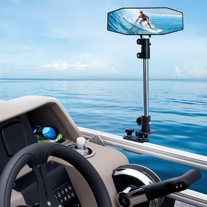 LinkMejor Pontoon Boat Mirror Rear View with Telescoping Pole, 10.5“ x 4” Extra Large 360° Adjustable Marine Mirror for Pontoon Rail or Bimini Top, Ski Boats Water Skiing, Pontoon Boat Accessories