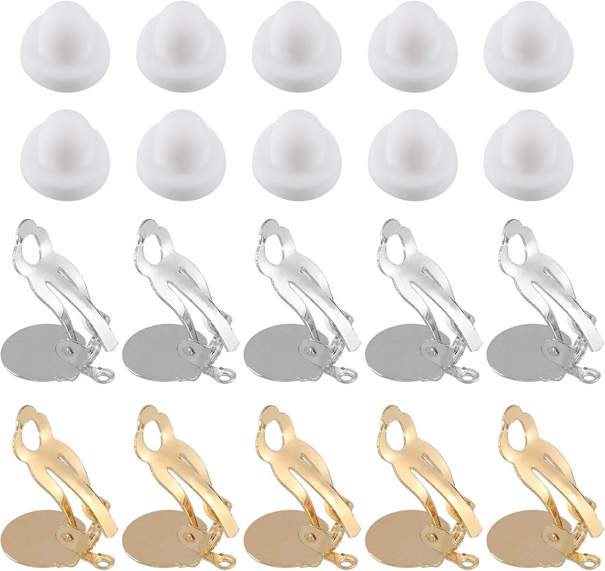 Clip-on Earring Converter with Silicon Earring Pads, 20Pcs - Clip-on Earring Finding for Non-Pierced Ears with Easy Open Loop (White & Gold)