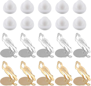 Clip-on Earring Converter with Silicon Earring Pads, 20Pcs - Clip-on Earring Finding for Non-Pierced Ears with Easy Open Loop (White & Gold)