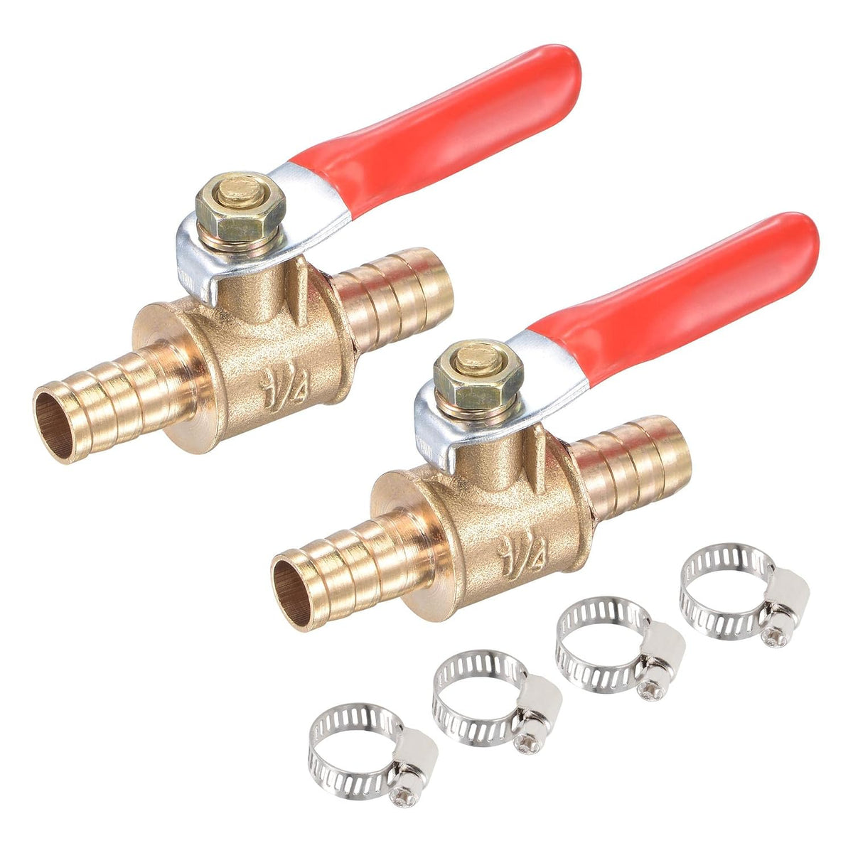 Brass Air Ball Valve Shut Off Switch 8mm Hose Barb to 8mm Hose Barb with Clamps Red Handle 2Pcs
