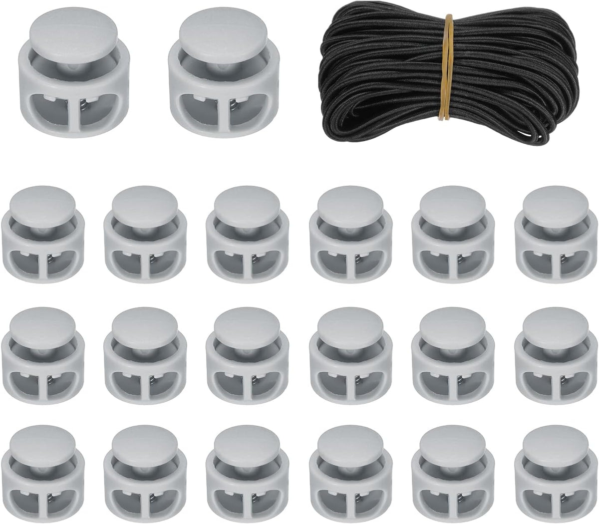 20 Pcs Double Hole Cord Locks with 32.8 ft Elastic Cord, 17mm Nylon Spring Toggle Stopper Clip for Backpack Shoelaces Drawstring Paracord Pants, Gray