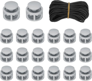 20 Pcs Double Hole Cord Locks with 32.8 ft Elastic Cord, 17mm Nylon Spring Toggle Stopper Clip for Backpack Shoelaces Drawstring Paracord Pants, Gray