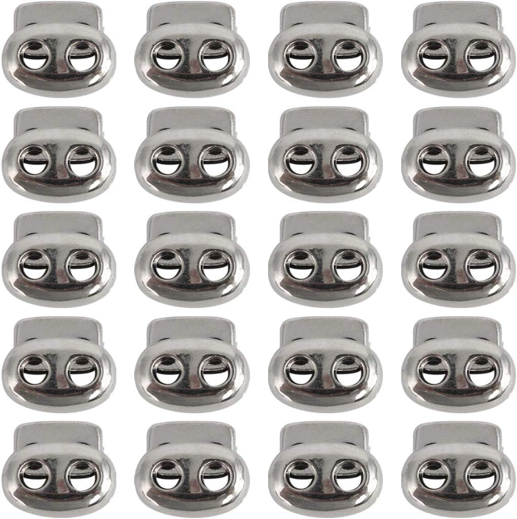 LinkMejor 20 Pcs Plastic Cord Locks Spring Stopper Double Hole Toggle Fastener Stopper Rope End for Drawstrings Clothing, Shoe, Bags, Tie-Downs, 17 x 15mm Silver Tone