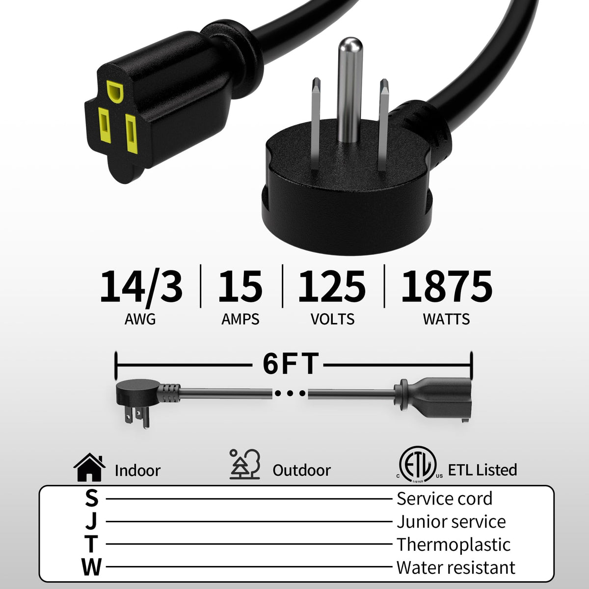 LinkMejor 6 FT 3 sztuka 14 Gauge Niski Profil Flotywny Rozszerzalny Kabel Zasilający Czarny