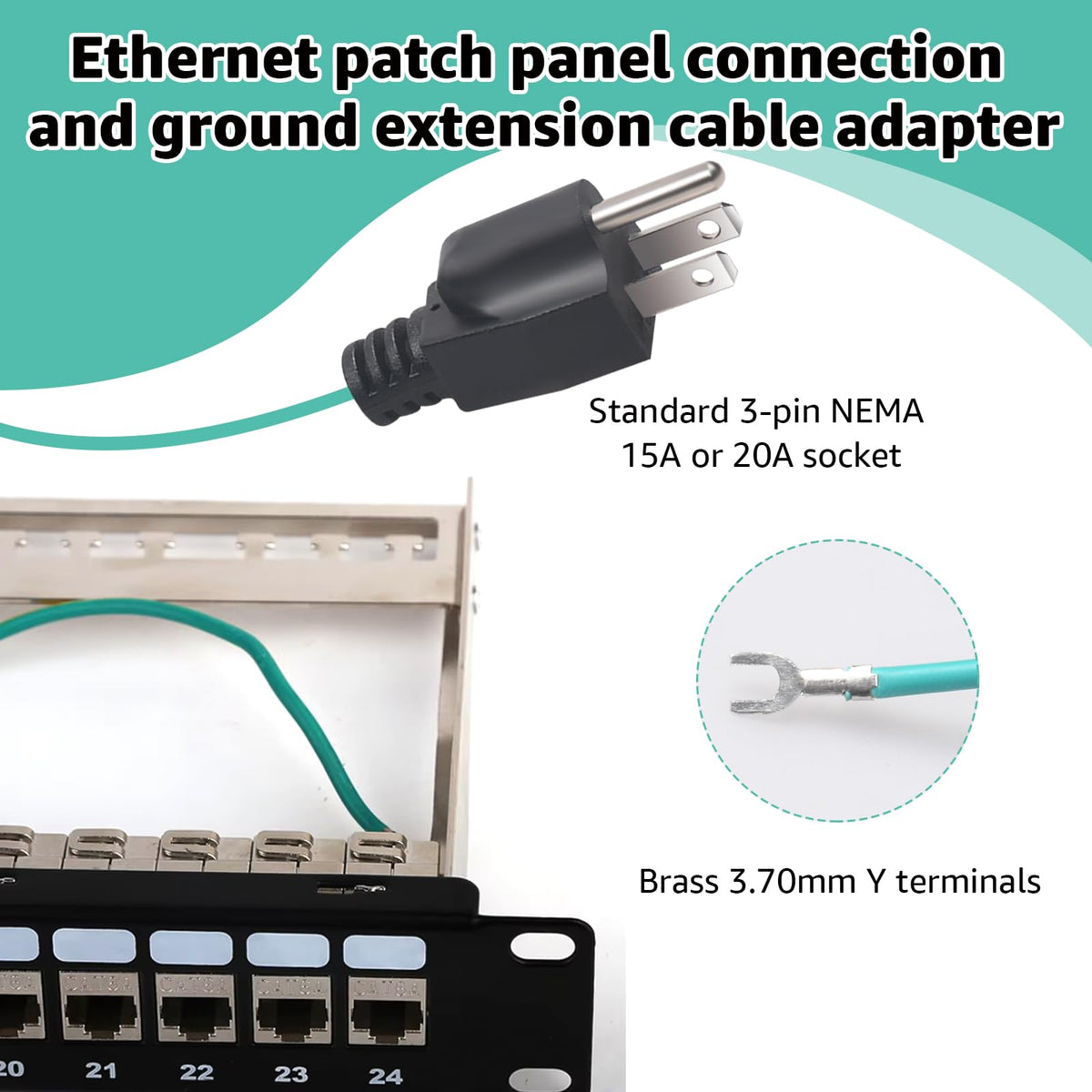 Shielded Ethernet Patch Panel Bond Ground Extension Cord, for NEMA 5-15P