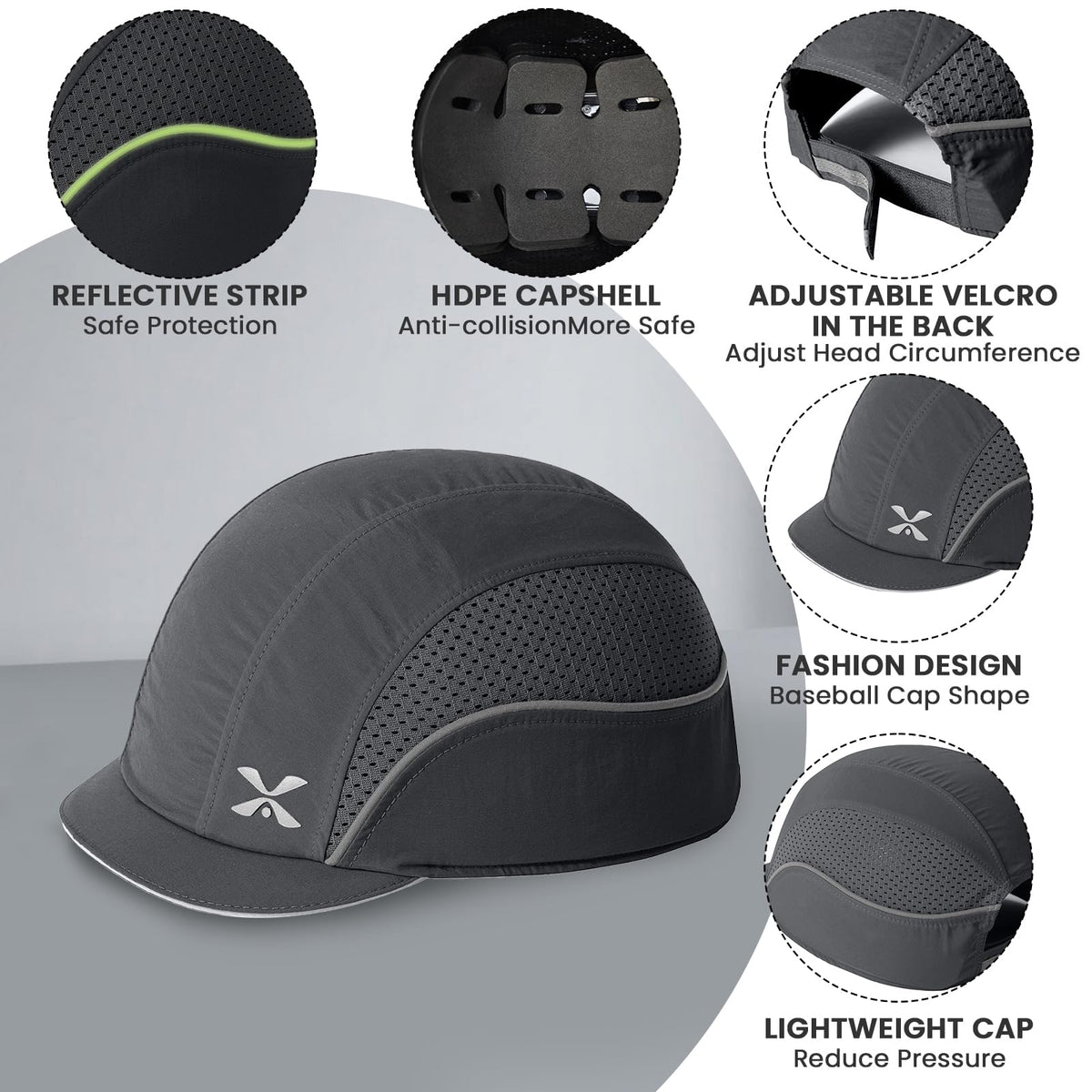 Safety Bump Cap, Lightweight Baseball Style Hard Hat Head Protector Breathable 18109 Gray Micro Brim