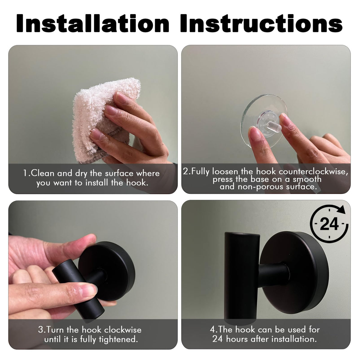 LinkMejor 2 Paires de Crochets à Supports de Suction Noirs Amovibles, Mattes, pour la Douche, en Acier Inoxydable SUS304