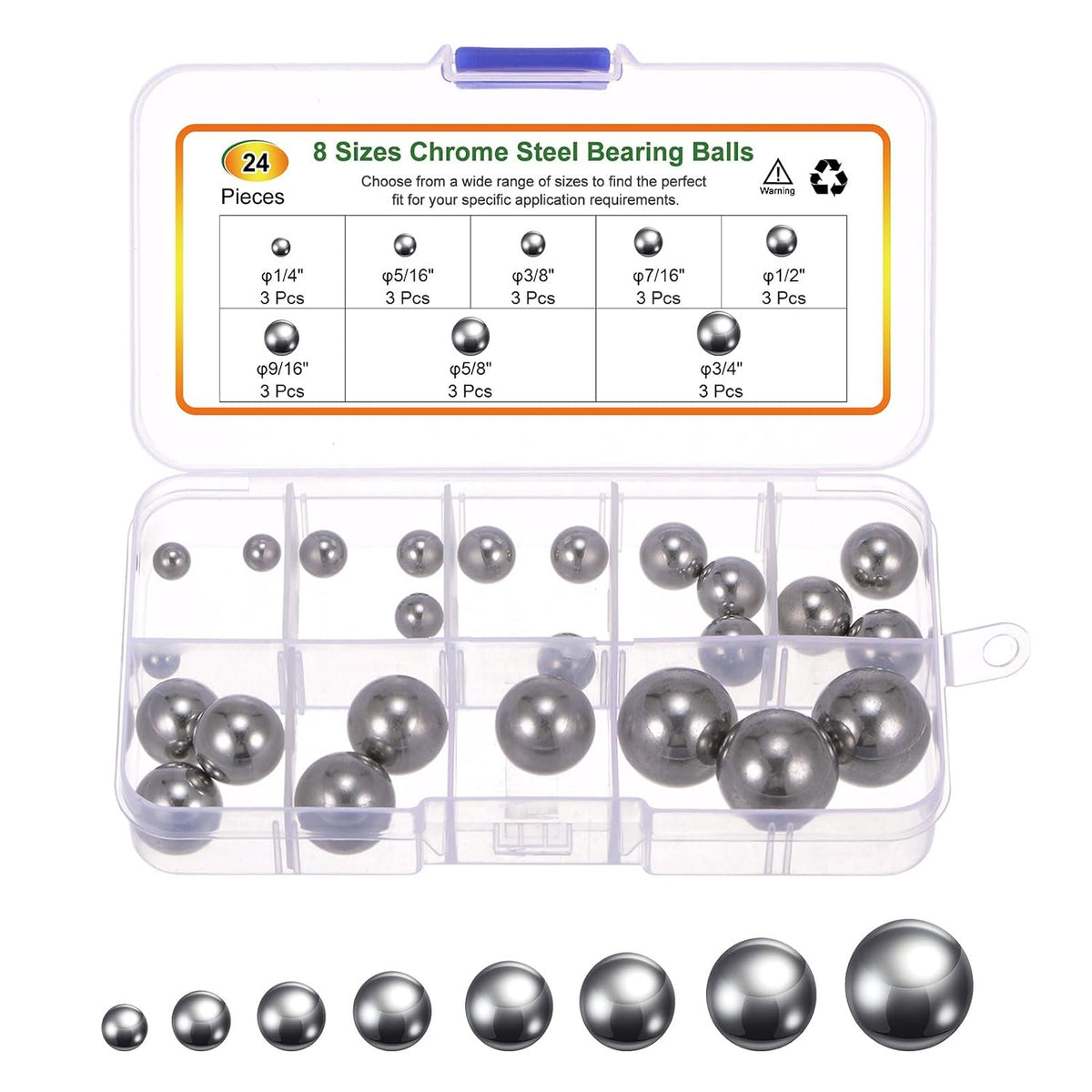 24pcs G200 Precision Balls Assortment Kit 1/4" 5/16" 3/8" 7/16" 1/2" 9/16" 5/8" 3/4" 304 Stainless Steel Solid Bearing Balls
