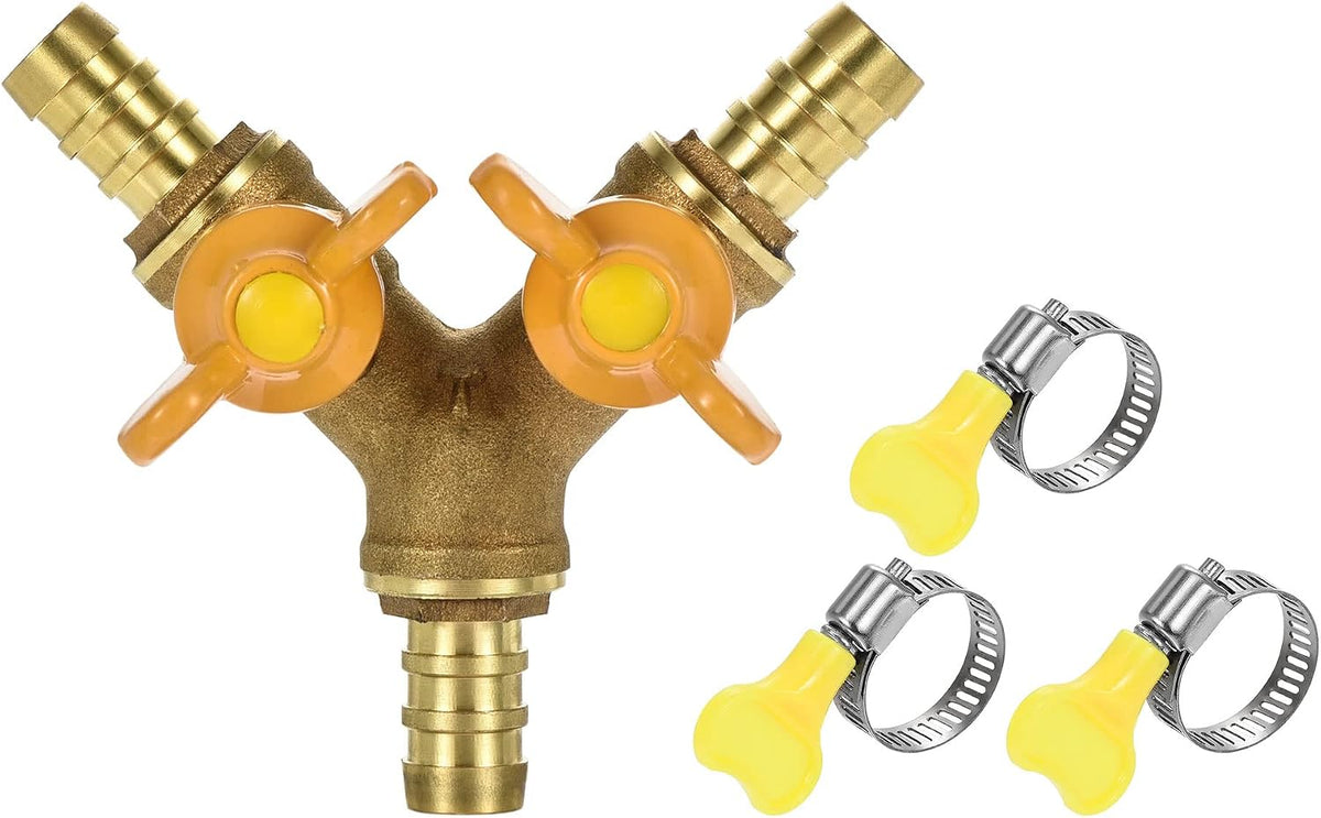 3 Way Shut Off Ball Valve, 11mm Dia. Barb Y Shaped Brass Tee Connector Switch, with 3 Adjustable Stainless Steel Hose Clamps
