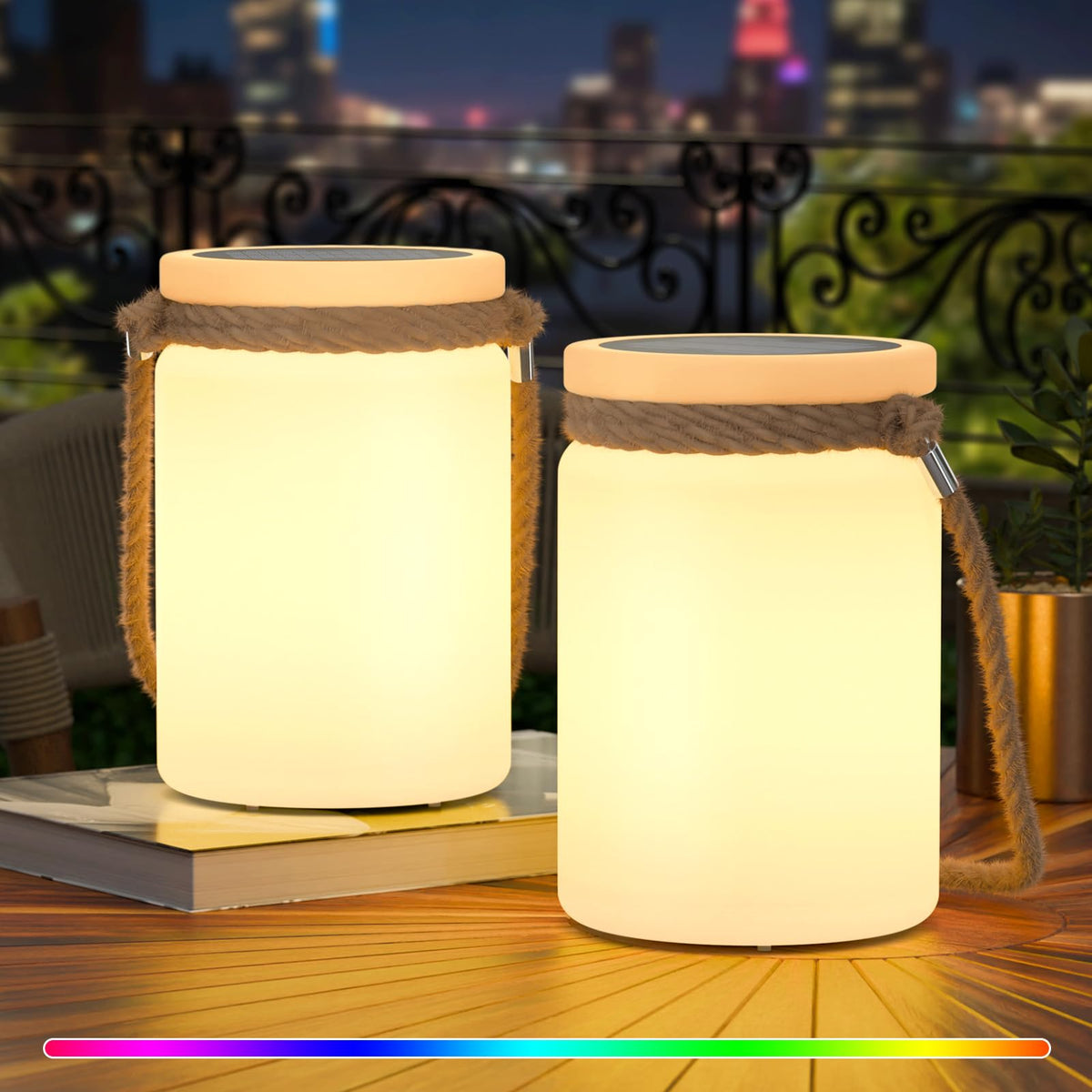 LinkMejor 2 Pack Solar Table Lamp Lantern Waterproof Outdoor Cordless