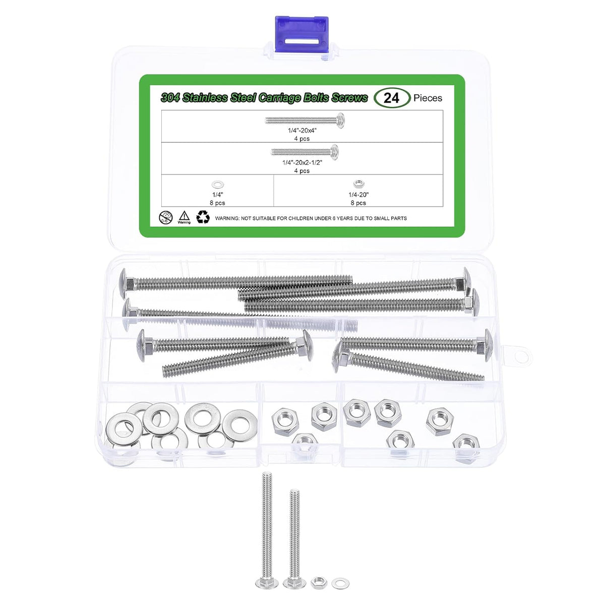 8Set Carriage Bolts and Nuts Kit, 1/4"-20x2-1/2, 1/4"-20x4 Stainless Steel 304 Round Head Square Neck Carriage Bolts Screws and Hex Nuts and Flat Washers, Silver