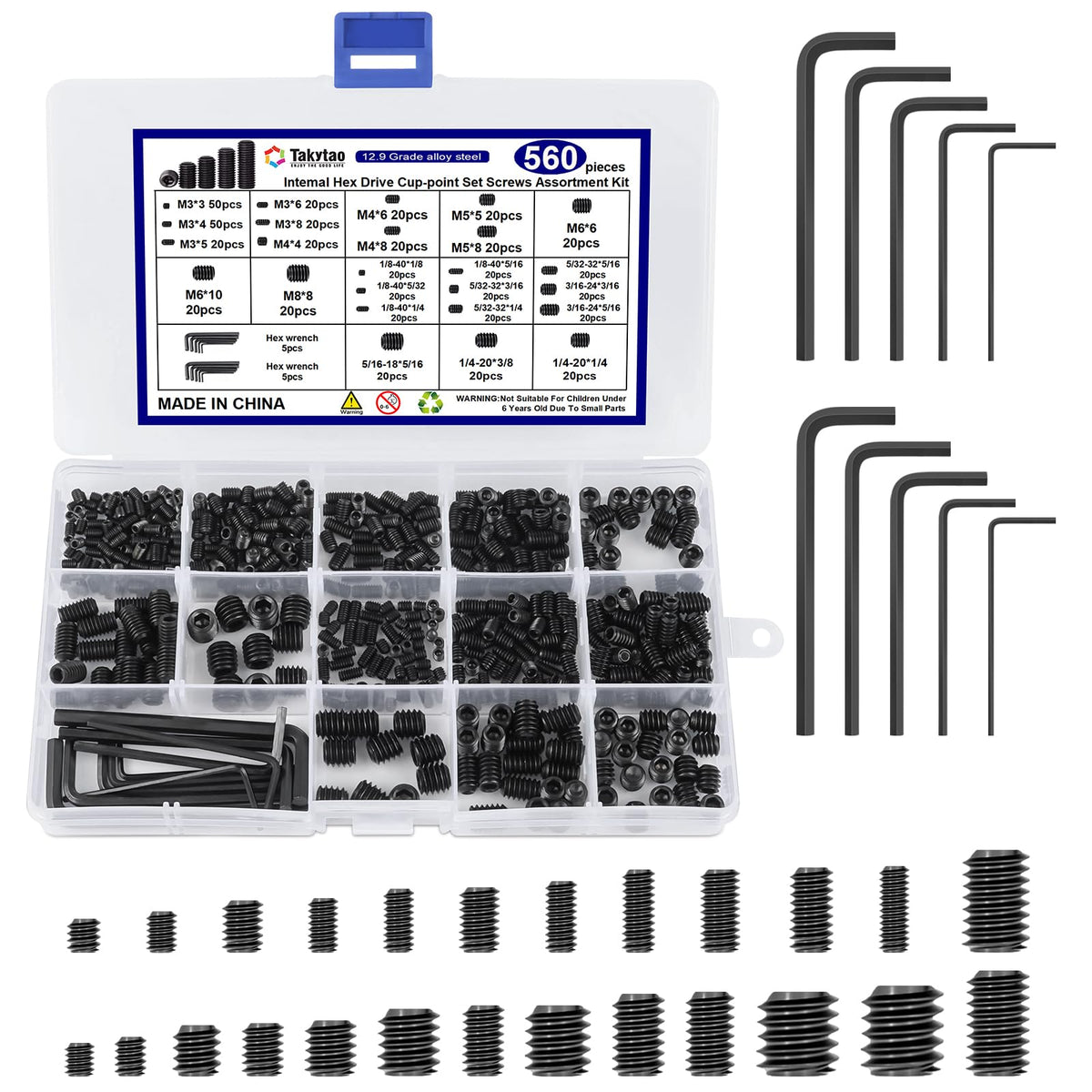 560PCS 25 Sizes Metric & SAE Set Screw Assortment Kit, 12.9 Alloy Steel