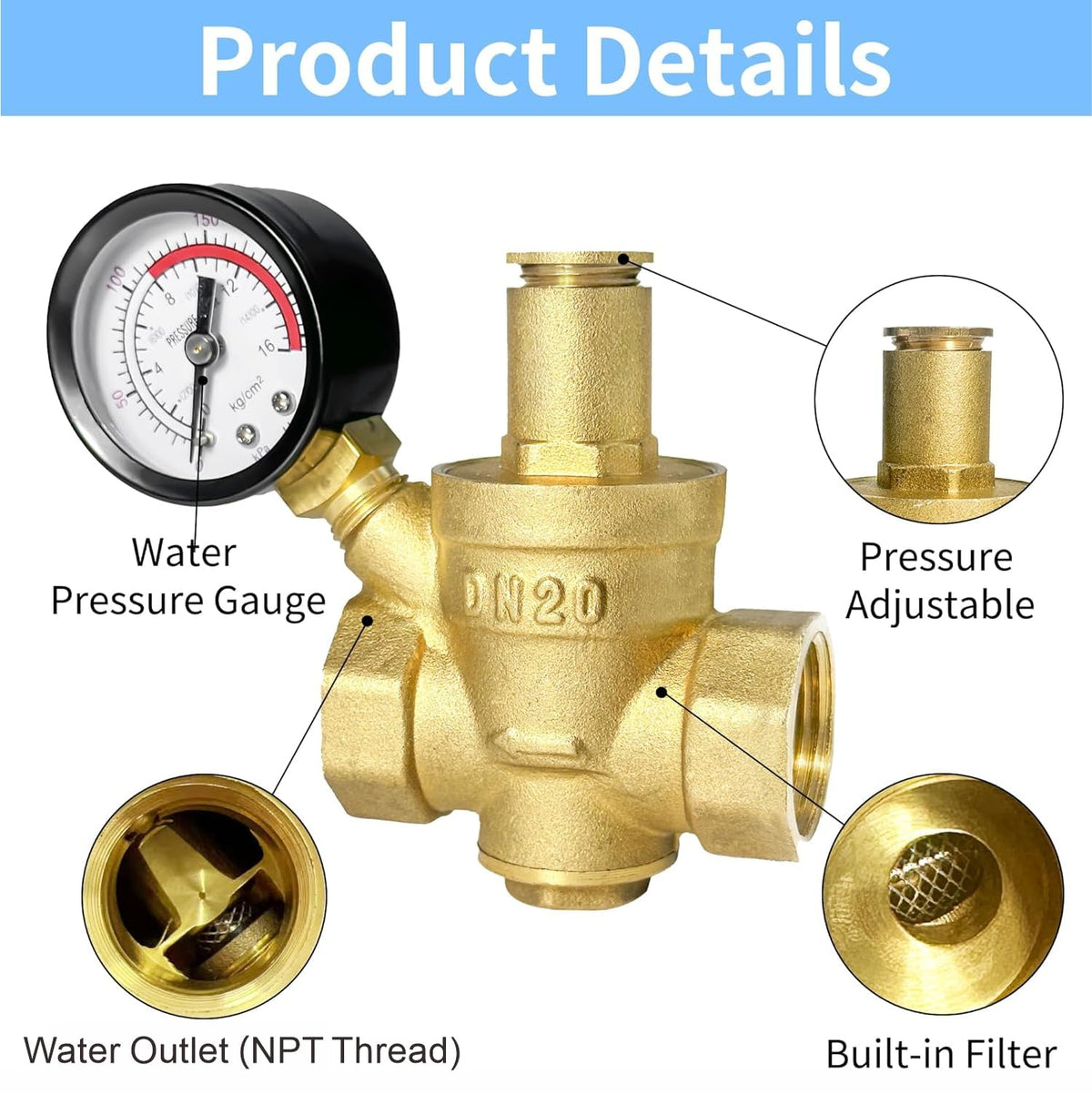 LinkMejor Regulador de Presión de Agua, 3/4 Pulgada NPT Rosca DN20
