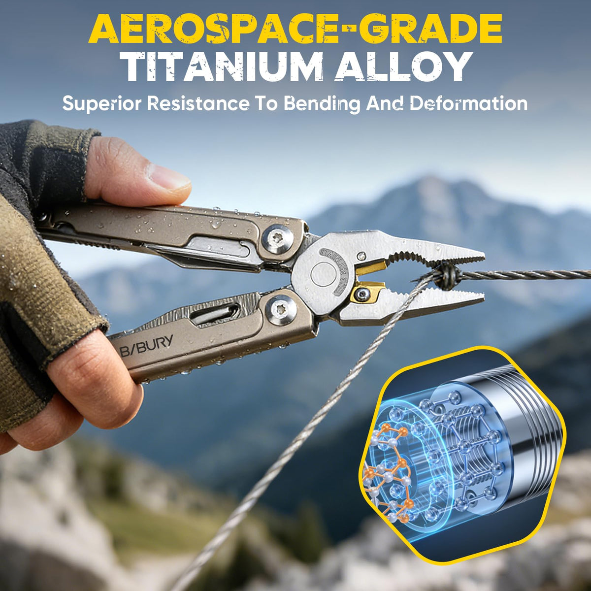 LinkMejor Titanium Alloy Multitool z nożem Damaszku i nożyczkami, BI2049TI