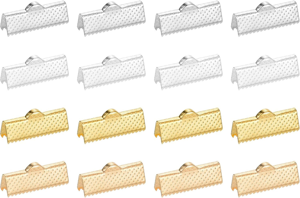 LinkMejor 300Pcs 20mm Ribbon Crimp Clamp Ends, Bookmark Pinch Crimp Ends, Fasteners Clasp Crimp Ends for Bracelet Necklace Jewelry Making, 4 Colors
