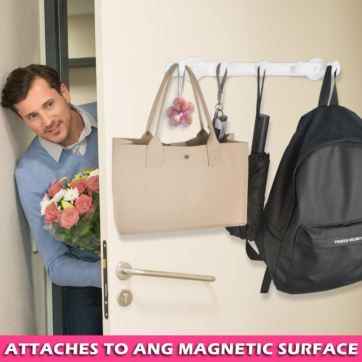 LinkMejor White Magnetic Coat Rack,Heavy Duty Coat Magnetic Holder with 5 Hooks,Anti-Slip Strong Magnetic Hanger for Refrigerator,Metal Cabinet,Entryway,Hanging Coat, Jackets, Umbrella,Scarf,Bag