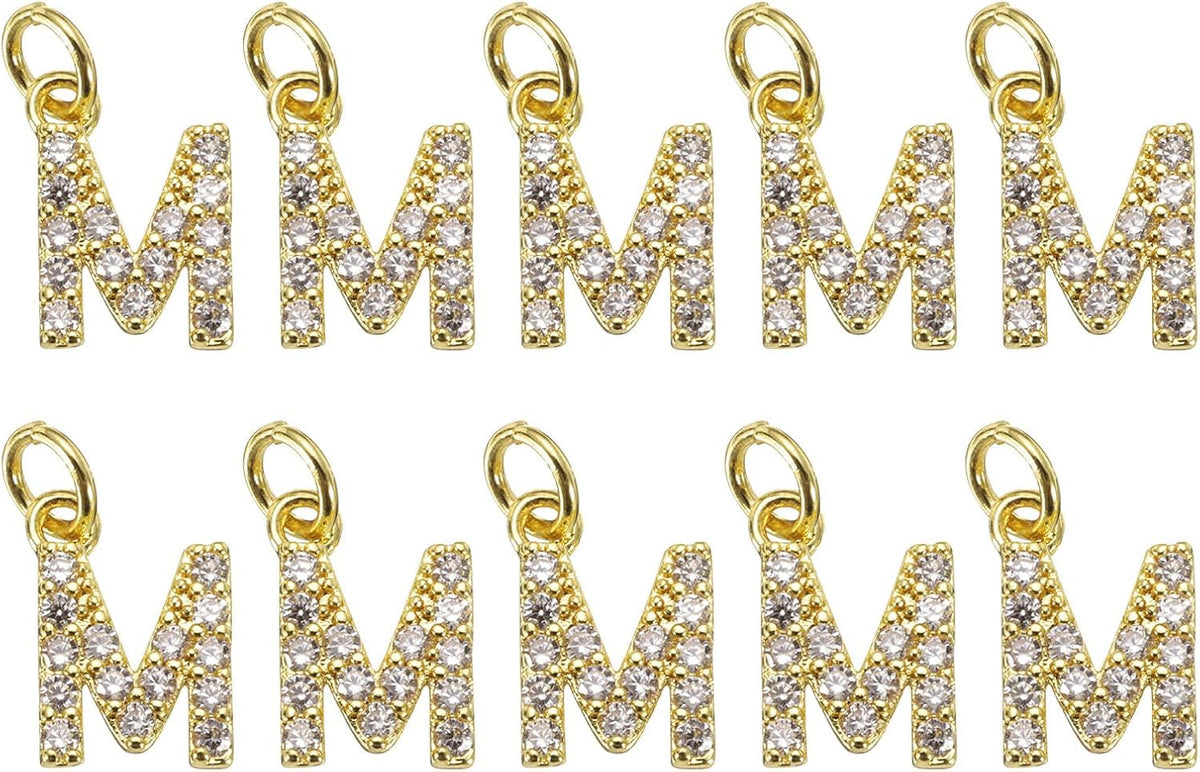 LinkMejor Rhinestone Letter Charm, 10pcs Crystal Zirconia Copper Alphabet m Pendants Slider Letter Charm for Wristbands Bracelets Necklace Jewelry Earring DIY Craft, Gold