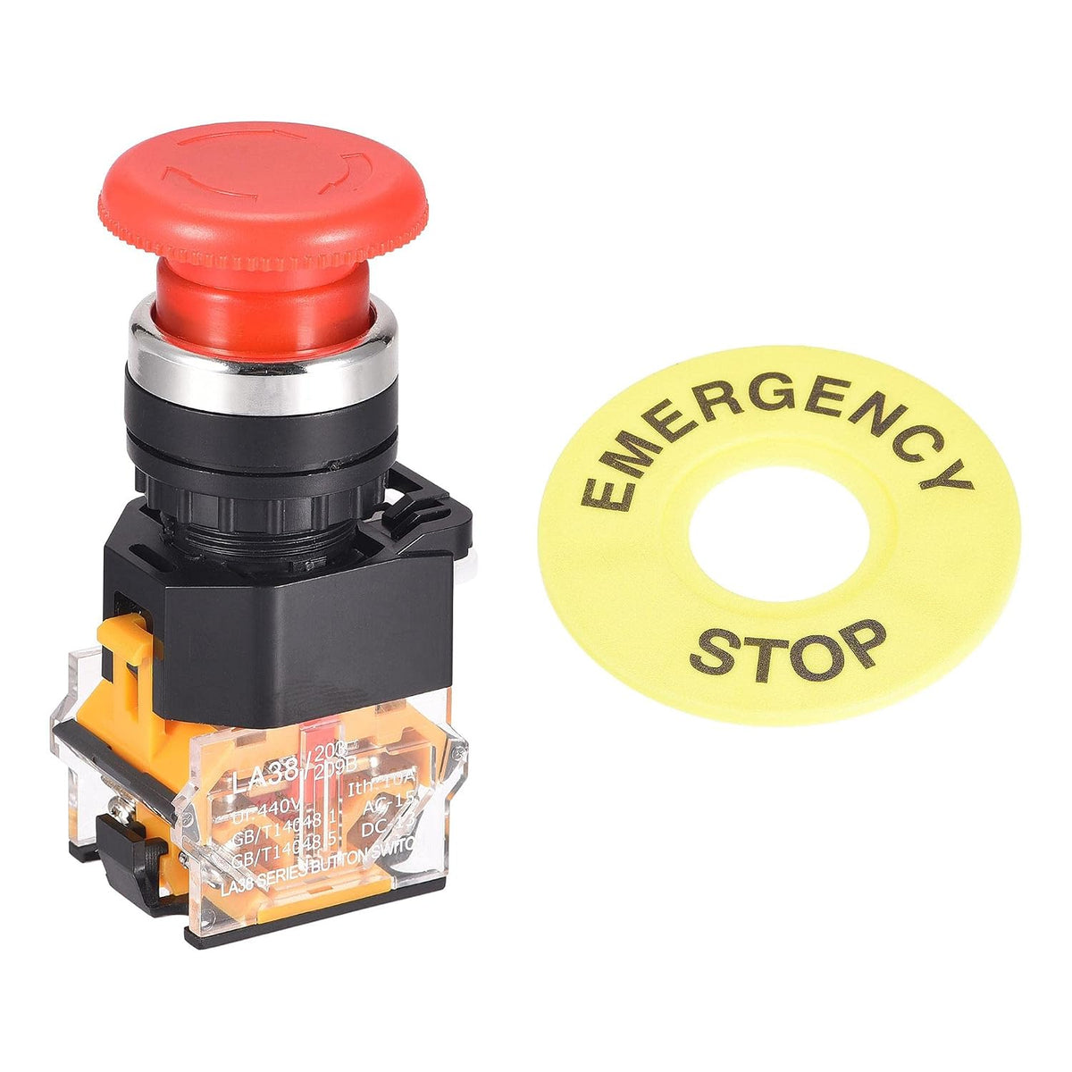 22mm Mounting Latching Emergency Stop Push Button Switch with 60mm Emergency Stop Sign 1NO 1NC