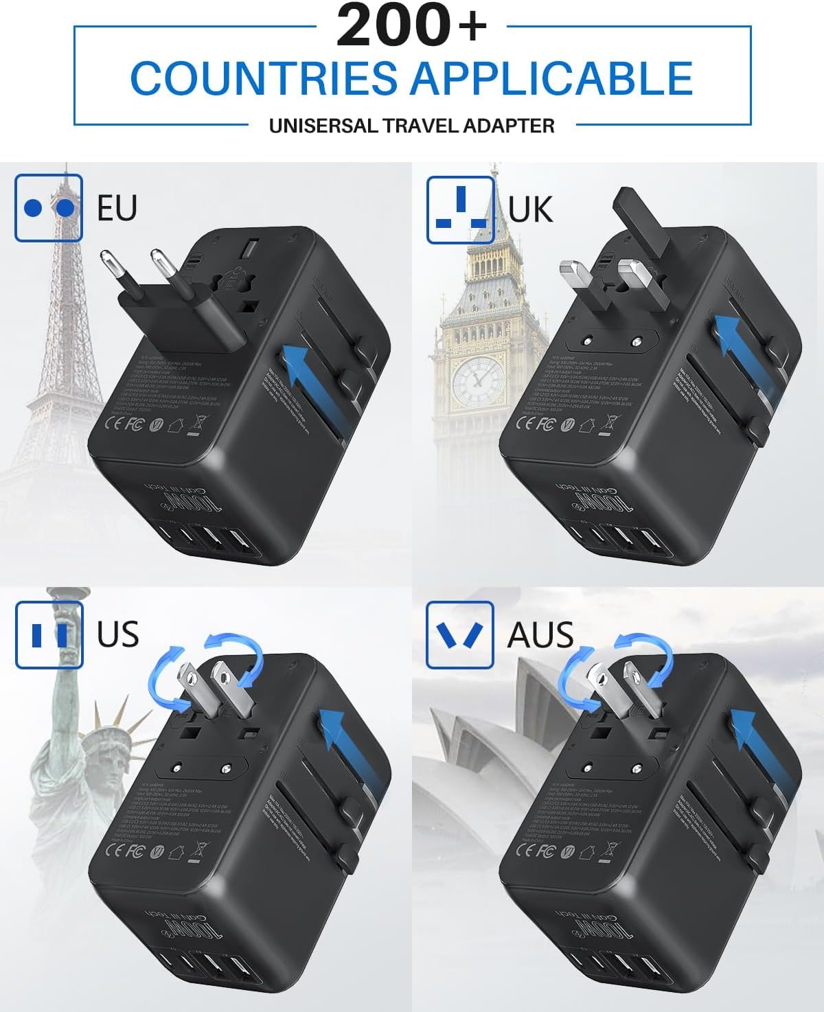 LinkMejor 100W GaN Adattatore Universale per Viaggi con Cablo USB-C