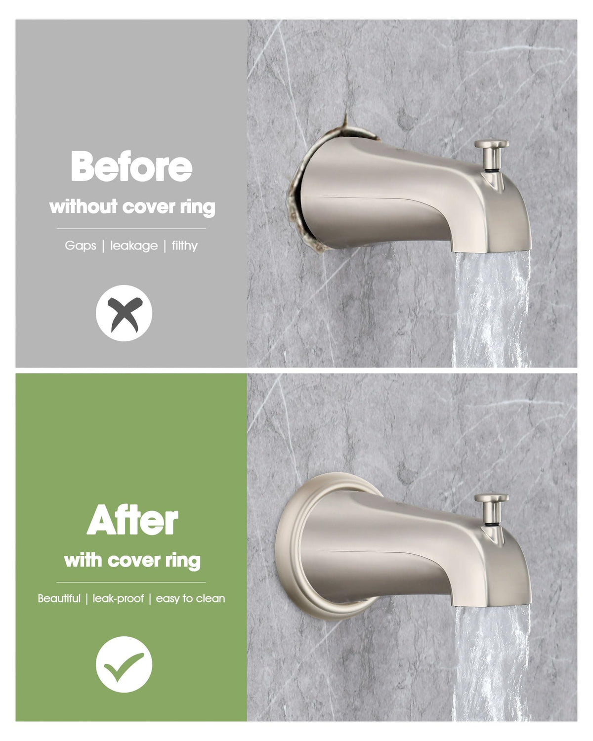 LinkMejor Bathtub Spout Cover with Seal Back Hole Cover Fit 1/2" Copper Pipe, Thread Pipe, Prvent Leaking from Behind Tub Spout, 1-1/2 Inch ID and 3-5/8 Inch OD, Brushed Nickel