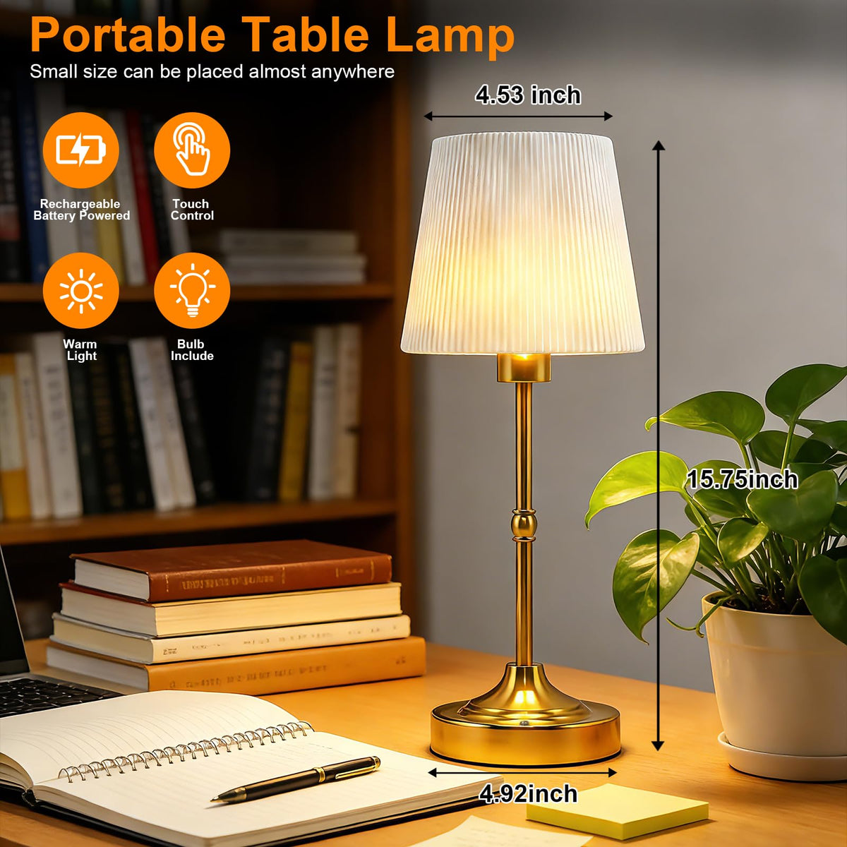 Cordless LED Table Lamp with Dimmer,5200mAh Rechargeable Battery Touch Lamp