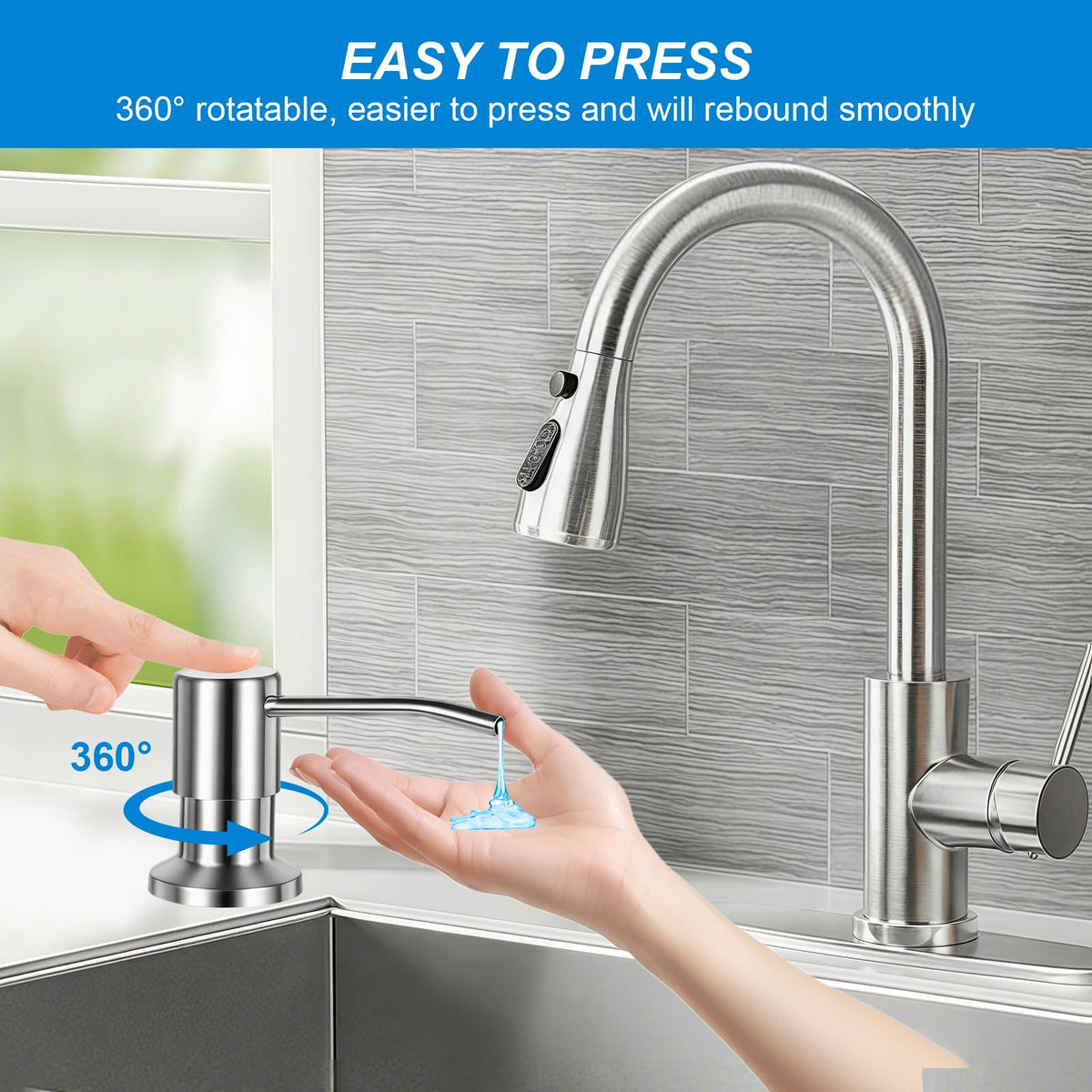 LinkMejor Soap Dispenser for Kitchen Sink, Upgrade Built in Sink Soap Dispenser Brushed Nickel, Countertop Sink Soap Dispenser Pump with 47" Extension Tube kit, No Need More Refills