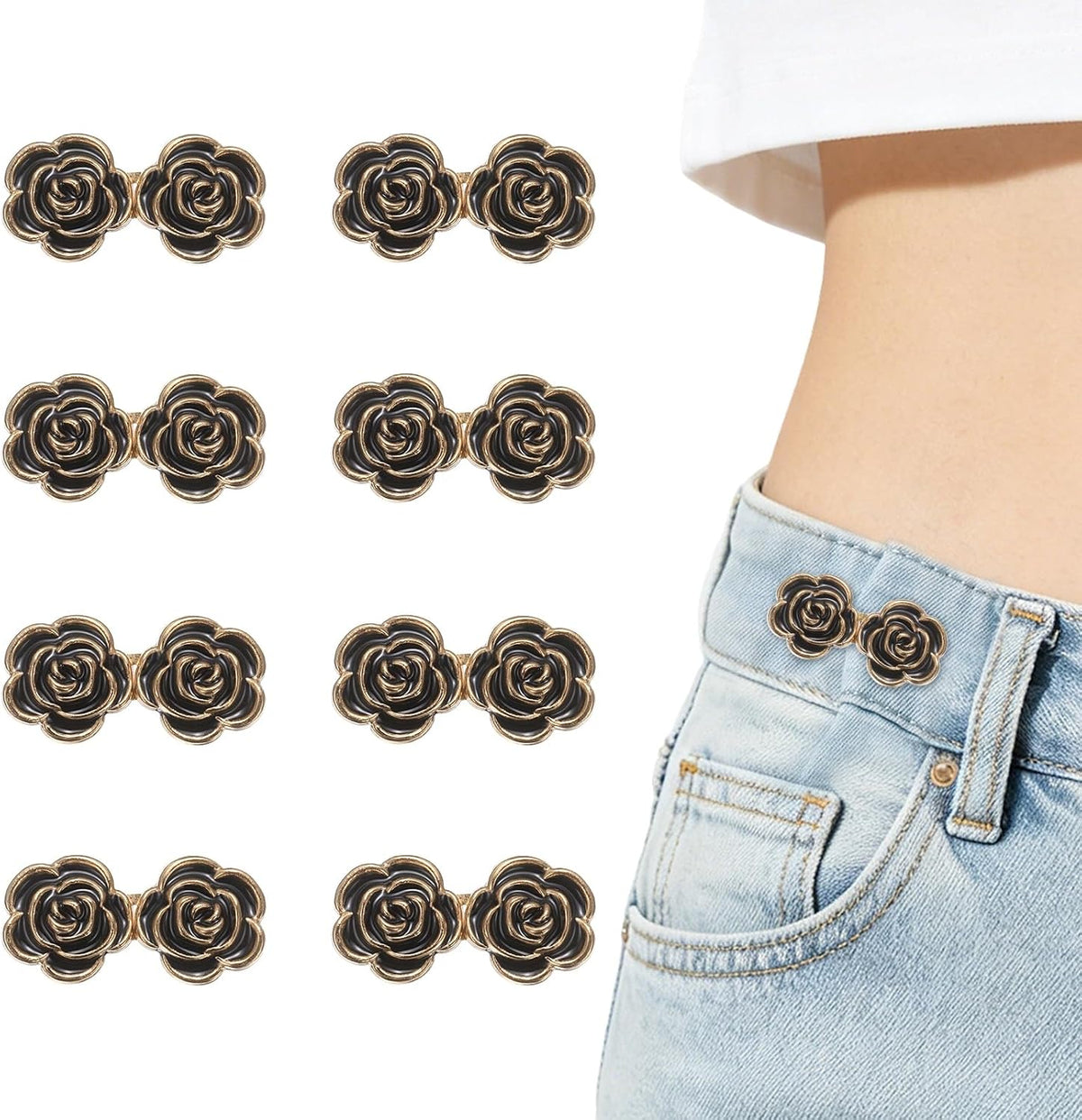 8 Sets Pant Waist Tightener, Adjustable Rose Waist Buckles Clips No Sewing Detachable Decorative Jean Button Pins for Loose Jeans Denim, Black