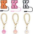3pcs Flower Charm Cup Accessories with 3pcs 10mm Letter K Straw Cover Cap Capital Letter and Silicone Leak Stopper for Name ID Personalized Charm Tumbler Cup, Orange/White/Red