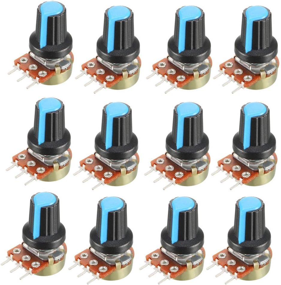 12Pcs 50K Ohm Variable Resistors Single Turn Rotary Carbon Film Taper Potentiometer with Knobs