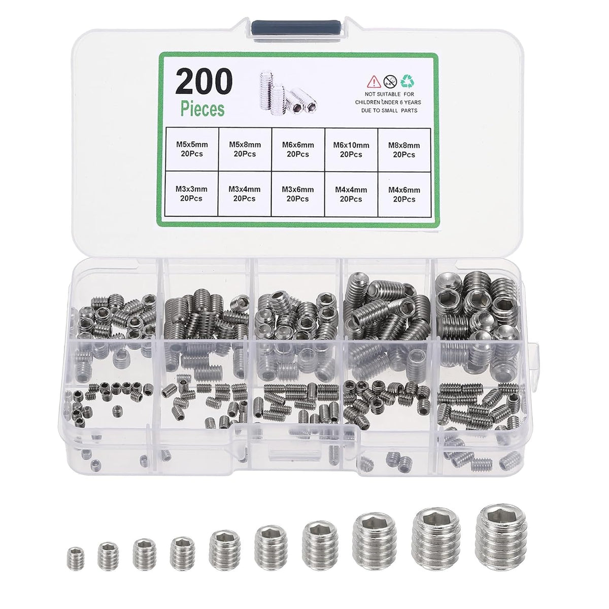 200Pcs Set Screws Assortment Kit, M3/4/5/6/8 304 Stainless Steel Metric Allen Head Socket Hex Grub Screws Cup-Point Screw Kit for Bathroom Fixtures, Door Handles